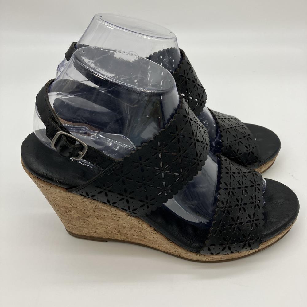 Walking Cradles Sandals 9 W Black Leather Cork Wedge Slingback Shoes Ankle Strap - Picture 5 of 14